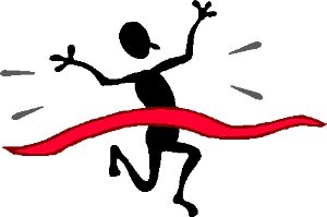 drawing of a person running through a finish line ribbon